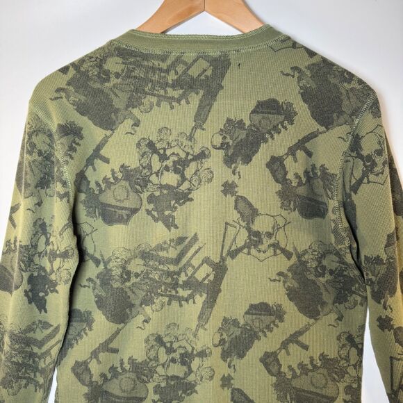 Our Silent Procession Henley Top Women Medium Green Skull Print Long Sleeve Y2K - Picture 5 of 11